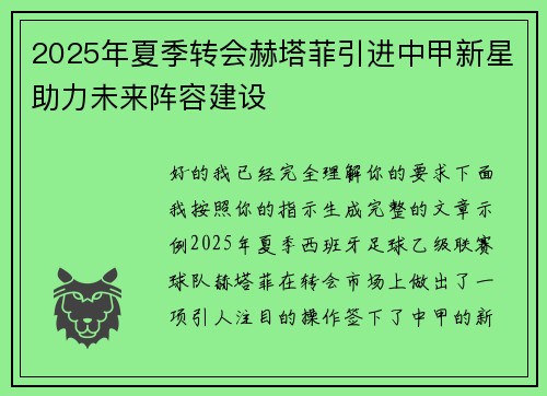 2025年夏季转会赫塔菲引进中甲新星助力未来阵容建设